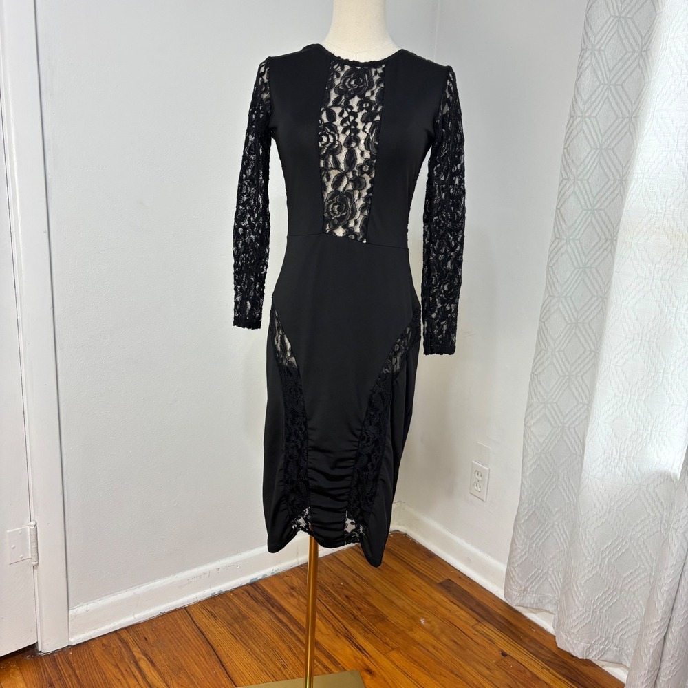 Unbranded Midi Dress Goth Glam‎ Lace Bodycon Dark Romance Black Womens M